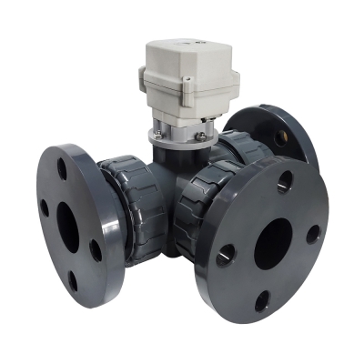 3 Way True Union Flanged Ends UPVC Electric Ball Valve with 15Nm Electric Actuator size from DN15 to DN50 with ANSI, JIS and DIN standard